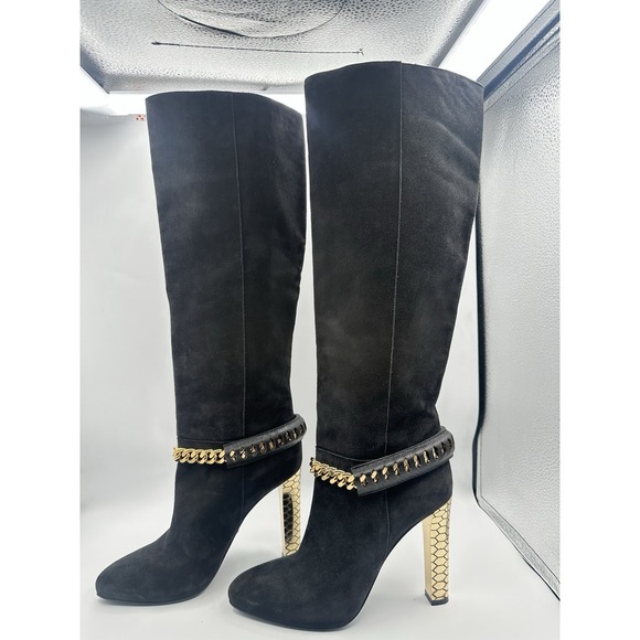 Roberto Cavalli Shoes - Roberto Cavalli Black Suede Knee High Boots Gold Chain & Stud Exotic Glam Rock